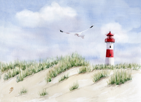 Postkarte DIN-A6  Aquarell Kunst Maritim Druck Kunstdruck Leuchtturm List Sylt Nordsee Meer Strand Dünen